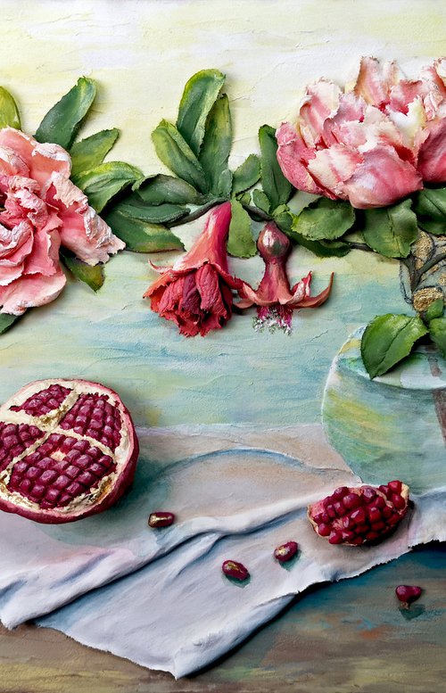 With Renewed Vigor - beautiful pomegranate bloom still life, original textured wall relief , decor, bas relief, home decor, gift idea, red, green 60x40x5 cm by Irina Stepanova