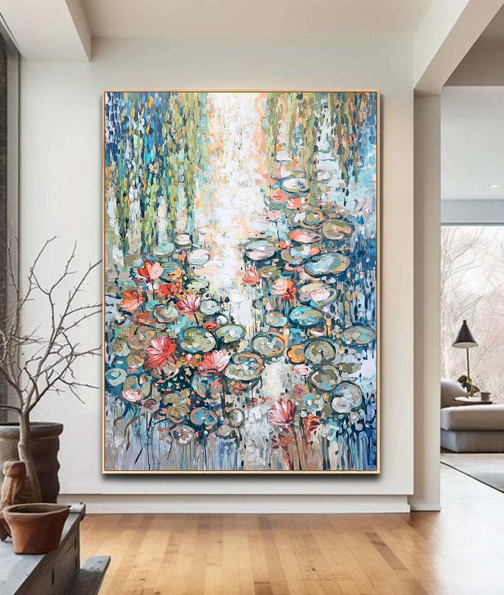 Impressionistic Landscape Oil Painting By Lana Guise, 41 X 60", Melody Of The Pond, Original Artwork