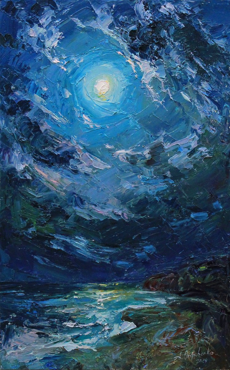 Impressionistic Landscape Oil Painting By Alisa Onipchenko-Cherniakovska, 10 X 16, Moon Over The Sea, Original Artwork