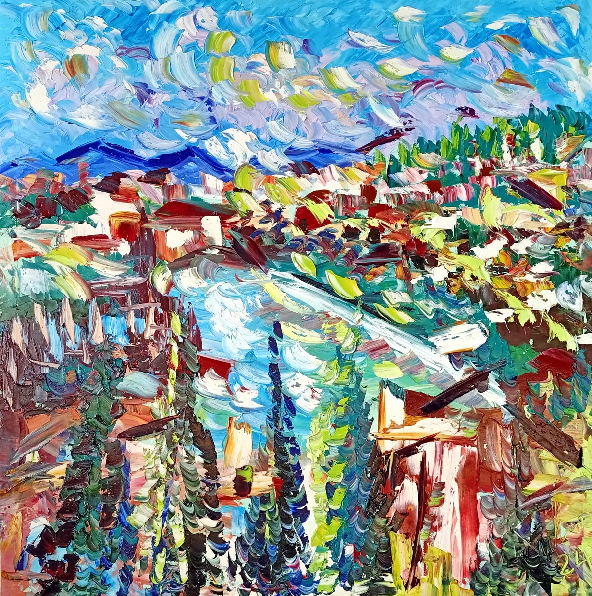 Abstract Cityscapes Oil Painting By Antonino Puliafico, 47 X 47, Vista Ruscello, Original Artwork