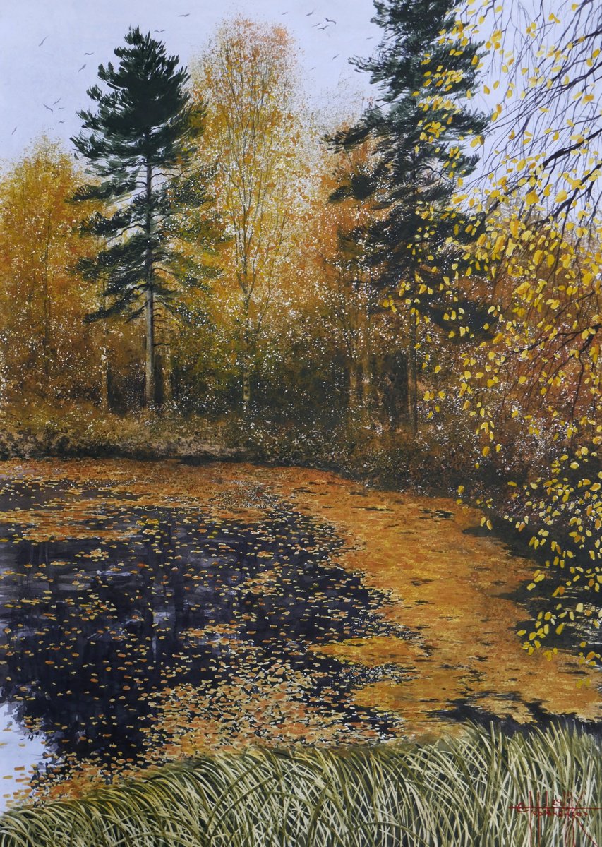 Photorealistic Landscape Watercolour By Eugene Gorbachenko, 20 X 28, Autumn Melancholy, Original Artwork