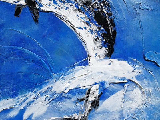 OCEAN TROPHY. Large Blue Abstract Painting of Fish Jumping out of the Water
