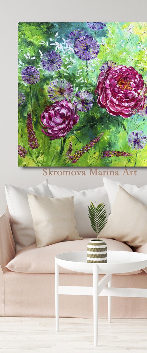 IN THE SILENCE OF SUMMER GRASSES - Summer mood. Wild lupins. Colorful flowers. Blooming meadow. Playful. Purple. Delicious. by Marina Skromova