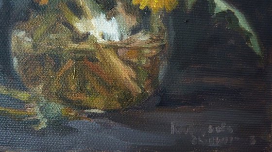 Still life with daffodils and dandelions