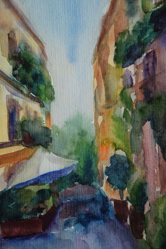 Italy old town original watercolor painting, summer abstract cityscape Europe