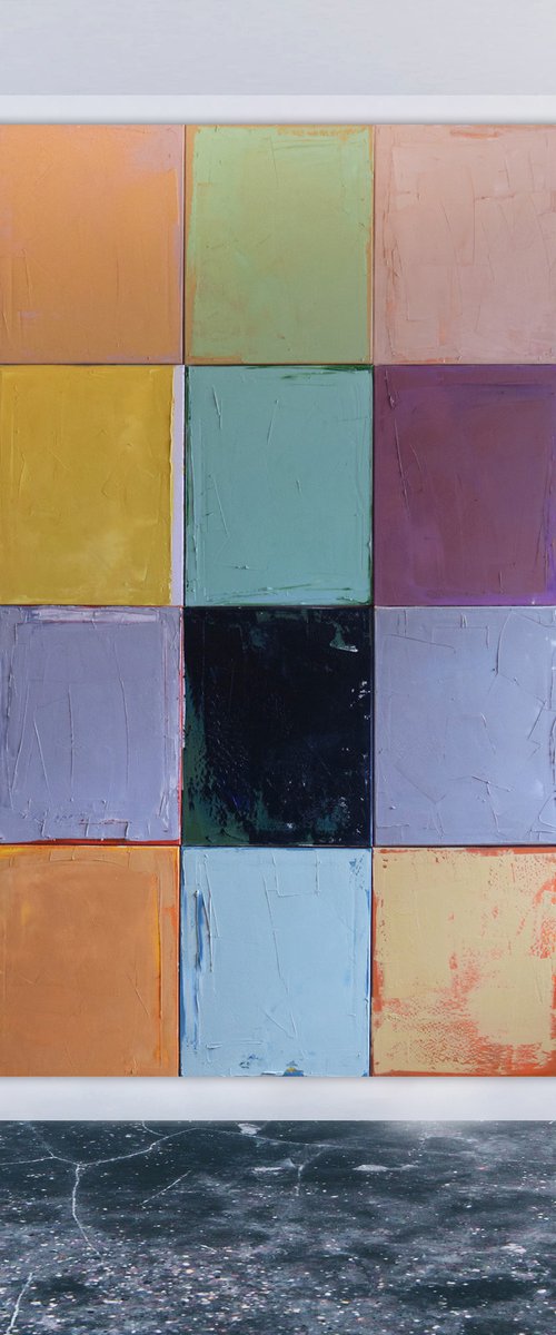 Oil painting, poliptych-20 parts, canvas art, stretched, "Play with me X". Size 78.7/ 78.7 inches (200/200cm) (2019) by Kariko ono