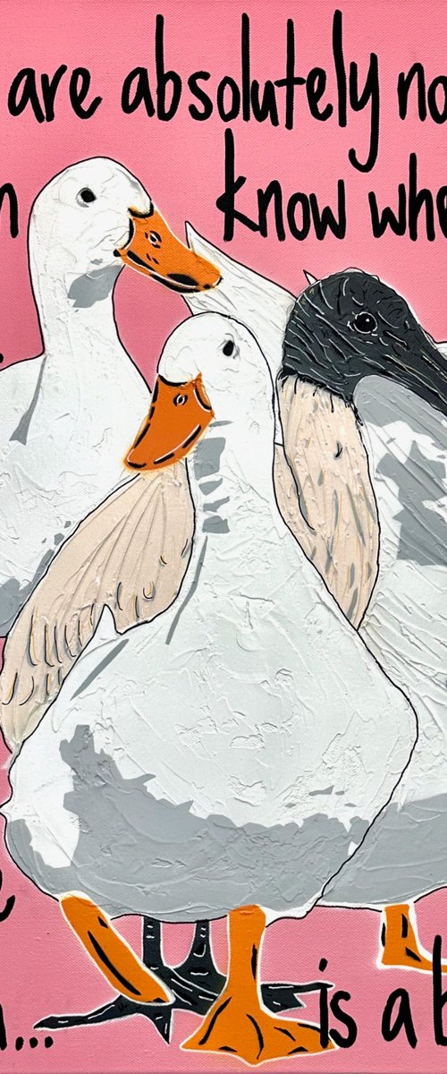 Ducks in a Row Pink Bin Chicken 61cm x 61cm by DEBORAH LANG