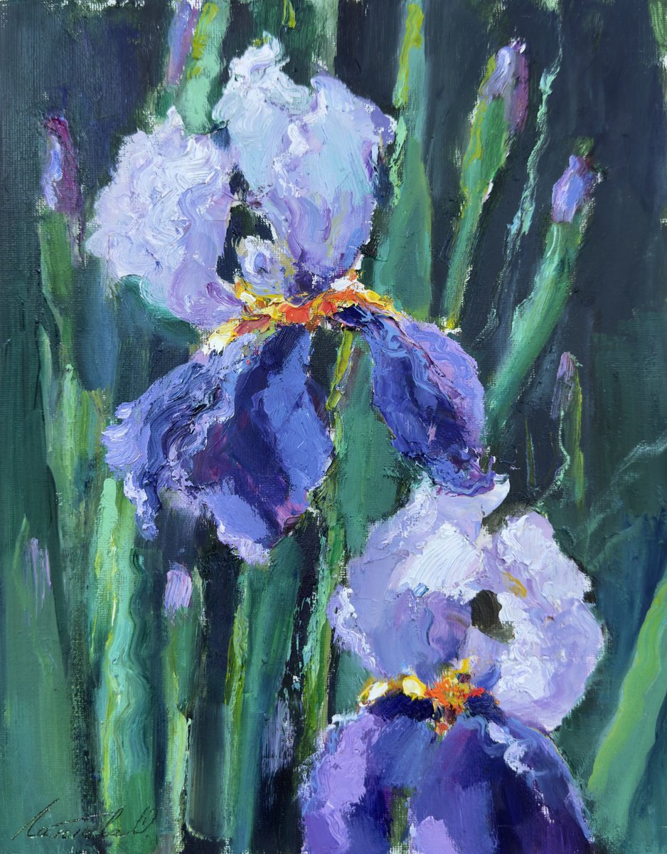 Impressionistic Botanical Oil Painting By Olha Laptieva, 10 X 12", Dance Of The Irises, Original Artwork