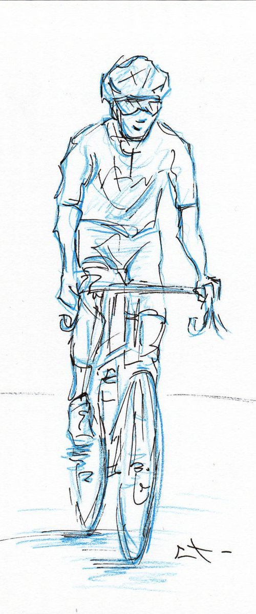 Esquisse crayon bleu et encre, Cycliste by Lionel Le Jeune