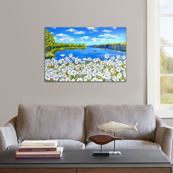 Summer landscape with daisies meadow