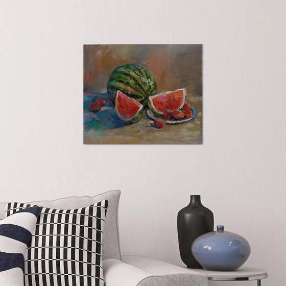 Still life - watermelon  (42x50cm, oil painting, ready to hang)