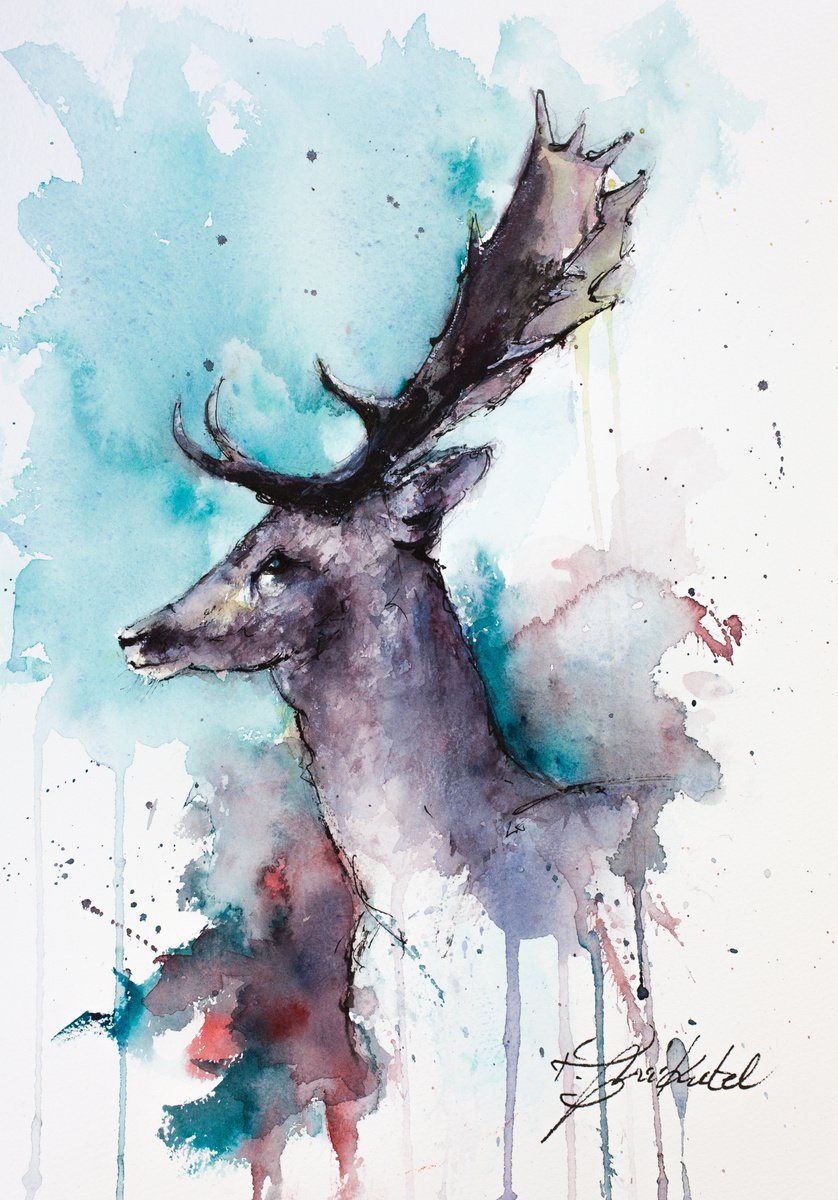 Impressionistic Animal Watercolour By Tomasz Mikutel, 12 X 17", Far North Stag, Original Artwork