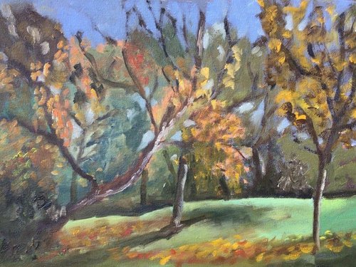 Autumn in the park, an original impressionist oil painting by Julian Lovegrove Art