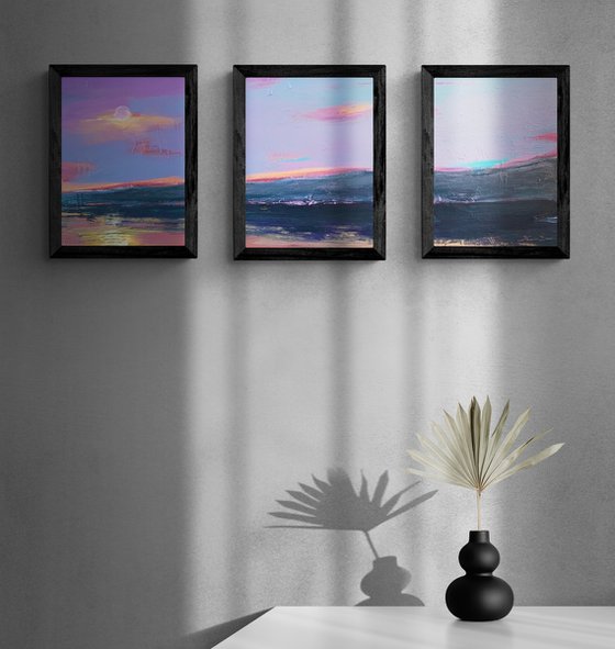 Bright landscape - "Violet mountain" - Seascape - Triptych - Minimalism - Sunset