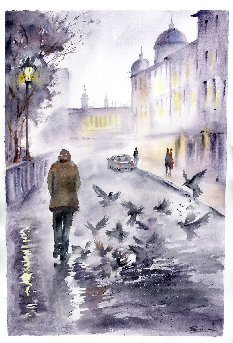 Impressionistic Watercolour , Misty Street With Birds By Olga Tchefranov (Shefranov), 14 X 20, Artwork For Sale On Artfinder