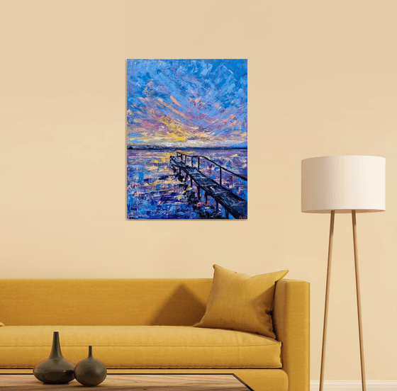 Sunset - Purple splash, 60*80cm, impressionistic landscape oil painting in purple, blue and pink