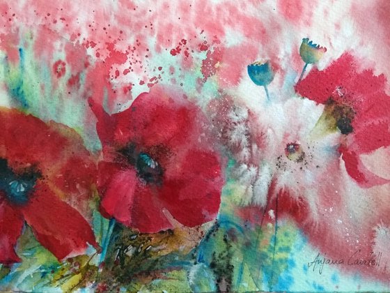 Poppy painting, Original watercolour painting, Floral Wall Art, panoramic, contemporary