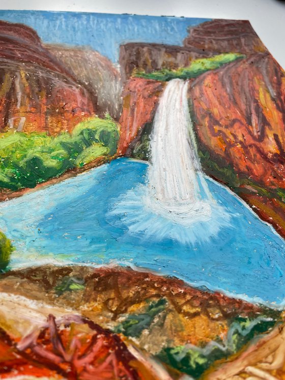 Grand Canyon Original Painting, Waterfall Oil Pastel Drawing, Havasu Falls Picture, National Park Wall Art, Gift for Him