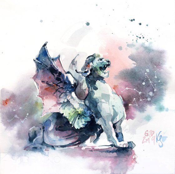 "Statues of Griffon" architectural landscape - Original watercolor painting