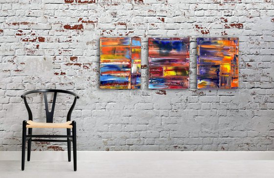 "Intermediary" - FREE USA SHIPPING - Original PMS Abstract Triptych Oil Paintings On Canvas - 48" x 20"