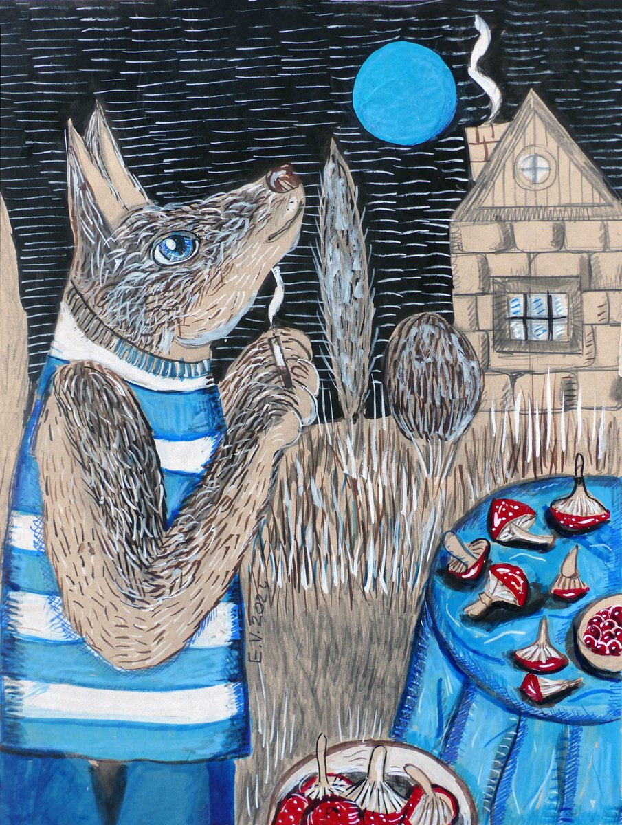 Surrealistic Animal Painting By Elizabeth Vlasova, 11 X 14, Evening After A Mushroom Trip, Original Artwork