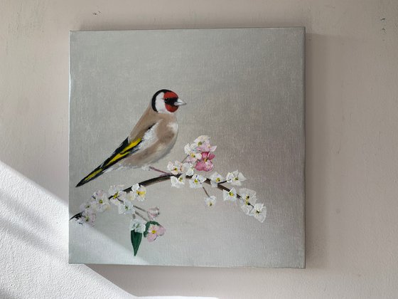 Goldfinch and Cherry Blossom on Silver