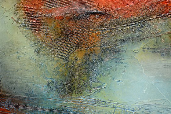 Terra rossa, 40" x 40" x 1.5"  (101 cm x 101 cm x 3.8 cm) - large orange and blue grey abstract landscape