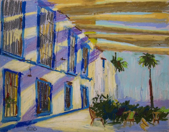 Cordoba shadows. Oil pastel painting. Small interior travel decor gift spain andalucia shadow original impression