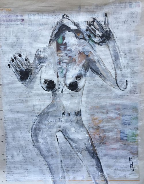 Pleasure on Newspaper Naked Woman Art Nude Portrait Sexy Woman 37x29cm Gift Ideas Original Art Modern Art Contemporary Painting Abstract Art For Sale Free Shipping by Kumi Muttu