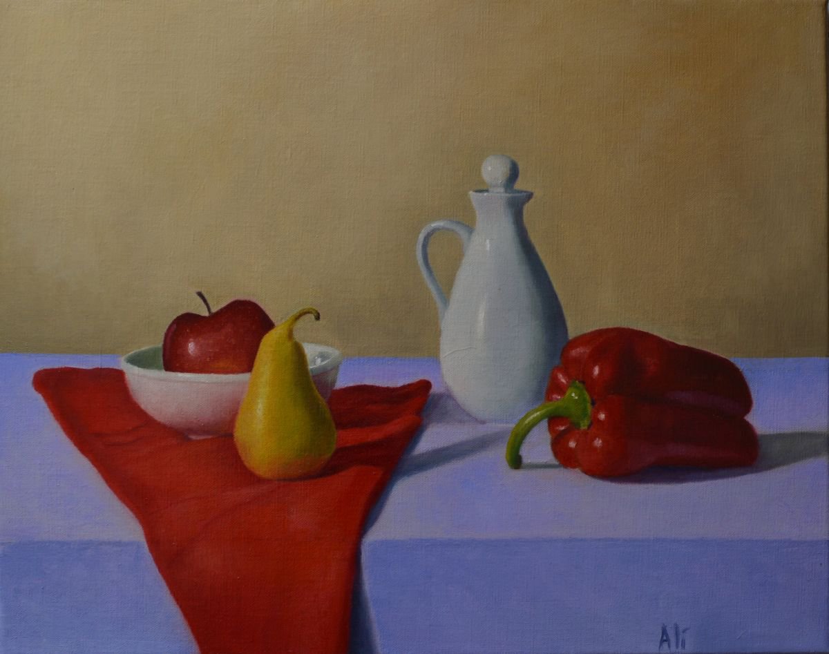still life with red pepper,pear and apple by Paola Ali