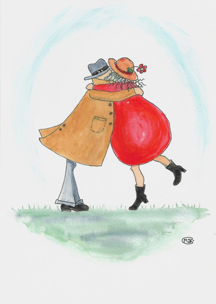 Illustrative Portrait Painting By Marjansart, 8 X 12", Kisses And Hugs For My Valentine, Original Artwork