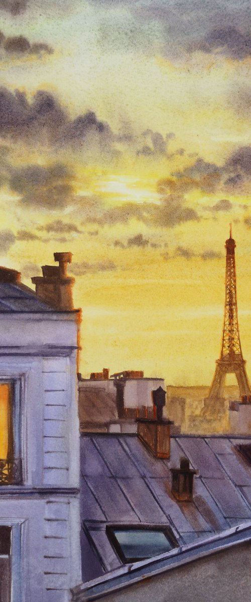 Roofs Paris Eiffel Tower by Olga Beliaeva Watercolour