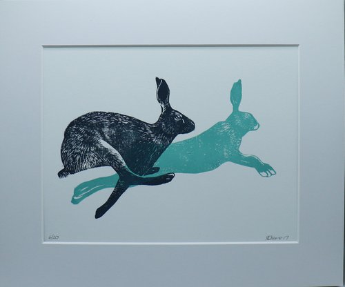 Running Hares Linocut, Mounted by Alex Jabore