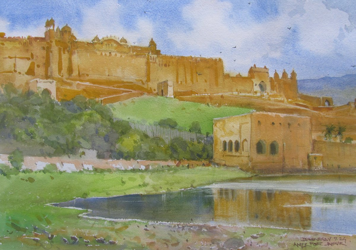 Impressionistic Landscape Watercolour By Bhargavkumar Kulkarni, 17 X 13, Amer Fort, Jaipur, Original Artwork