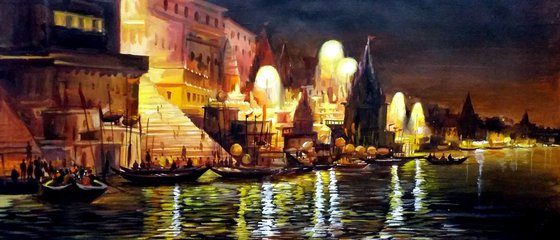 Varanasi Ghat at Night - Acrylic on Canvas Painting