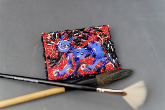 Blue lion, fantasy cat. Painting - Brooch
