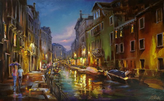 Romantic evening in Venice - oil original cityscape, painting Venice