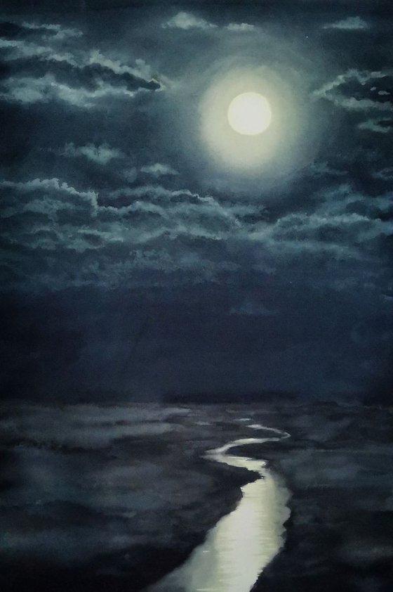 Full Moon Night - Super Moon in Clouds over River - Mystical Night