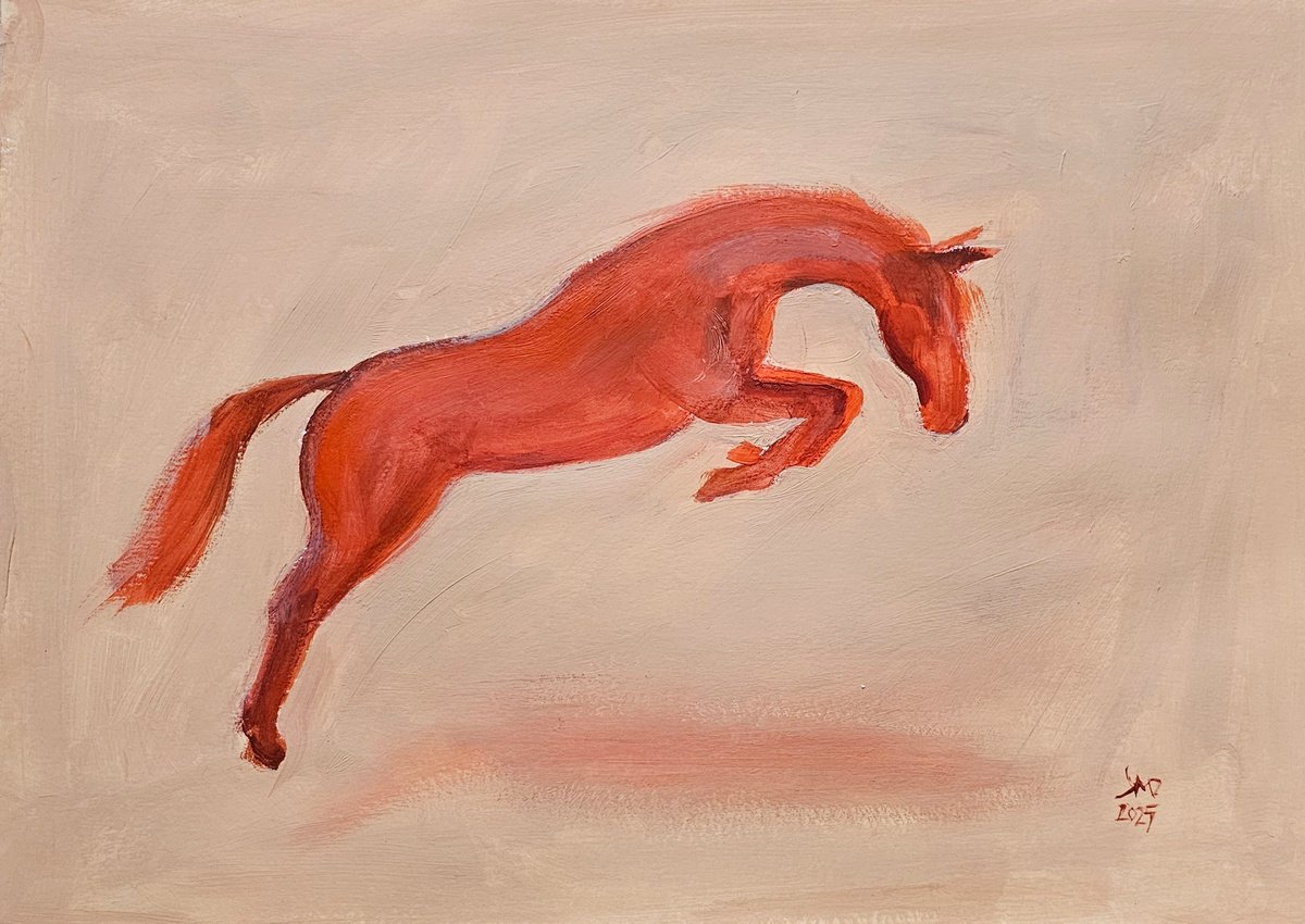 Expressive Animal Acrylic Painting By Ksenia June, 17 X 12", Jumping Orange Chestnut Horse, Original Artwork