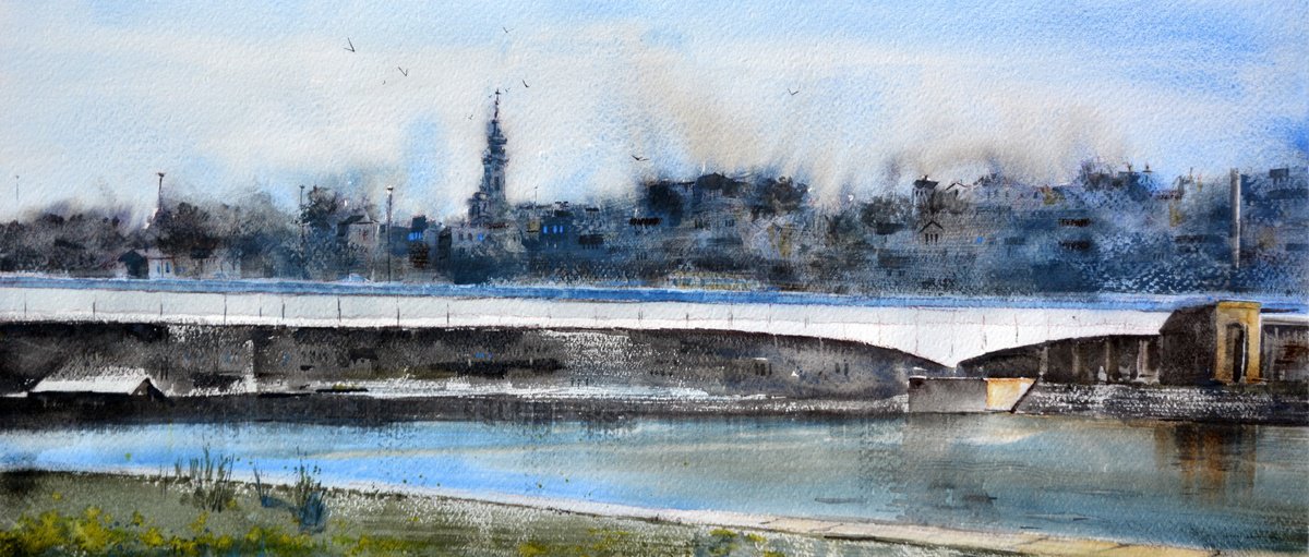 Impressionistic Cityscapes Watercolour By Nenad Kojic, 22 X 10", Blue Day At Brankos Bridge Bel, Original Artwork