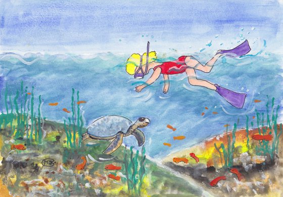 Girl fishes and sea turtle