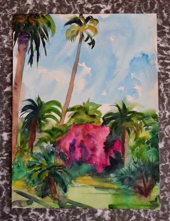 Spanish watercolor painting Tropical blossoming forest on Canary Islands