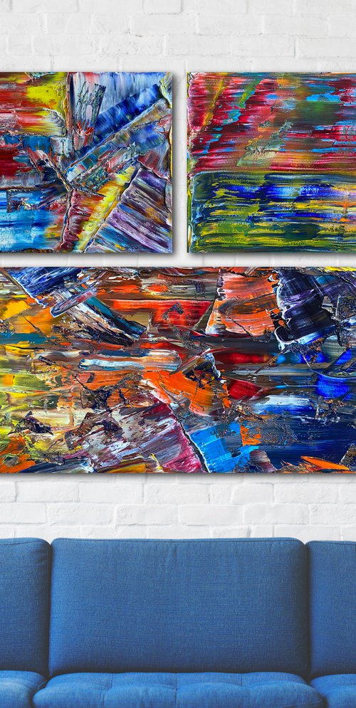 "We Are New In Town" - Save As A Series - Original PMS Large Oil Painting Triptych on One Large Recycled Wooden Panel and Two Canvas- 41 x 34 inches by Preston M. Smith (PMS)