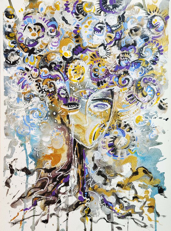 Family tree, mix media, watercolor on paper with acrylic, yellow, lilac color, gold, white, blue, black