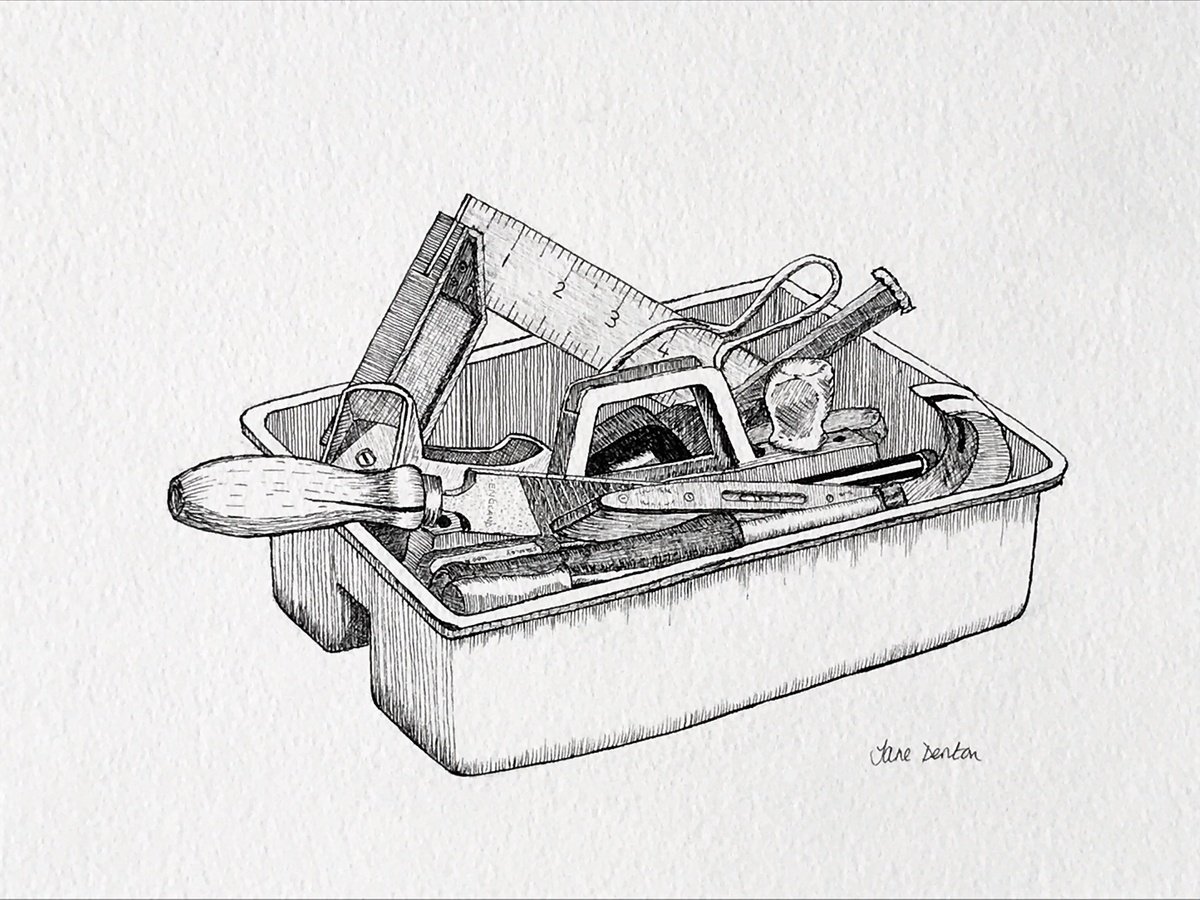 Illustrative Still Life Ink Drawing By Jane Denton, 13 X 9, Old Tool Box, Original Artwork