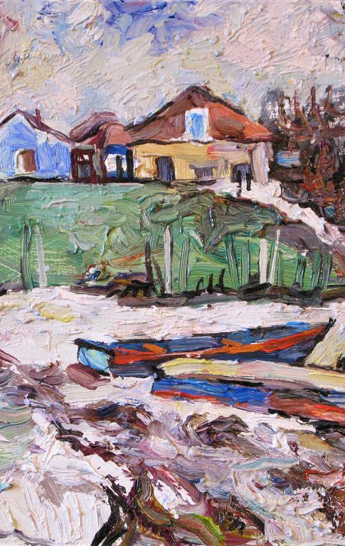 Boats on the Dniester River. March. by Nikifor Swiristuhin