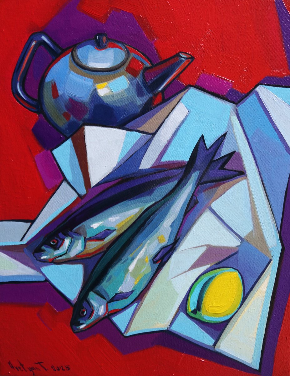 Expressive Still Life Oil Painting By Tigran Avetyan, 14 X 18", Still Life With Fish, Original Artwork