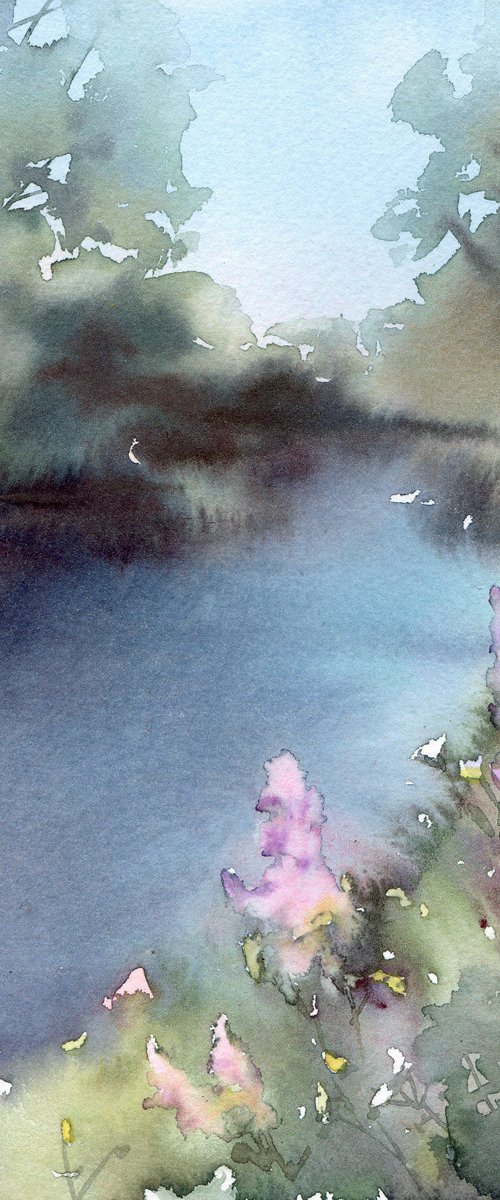 River in the forest, Purple flowers and water in summer by Yulia Evsyukova