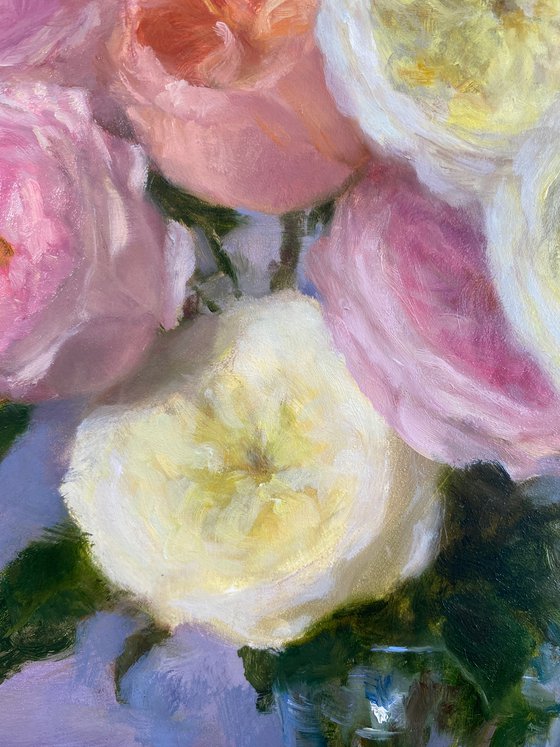 "Tenderness. Garden Roses" Contemporary Original Floral Still Life Oil Painting