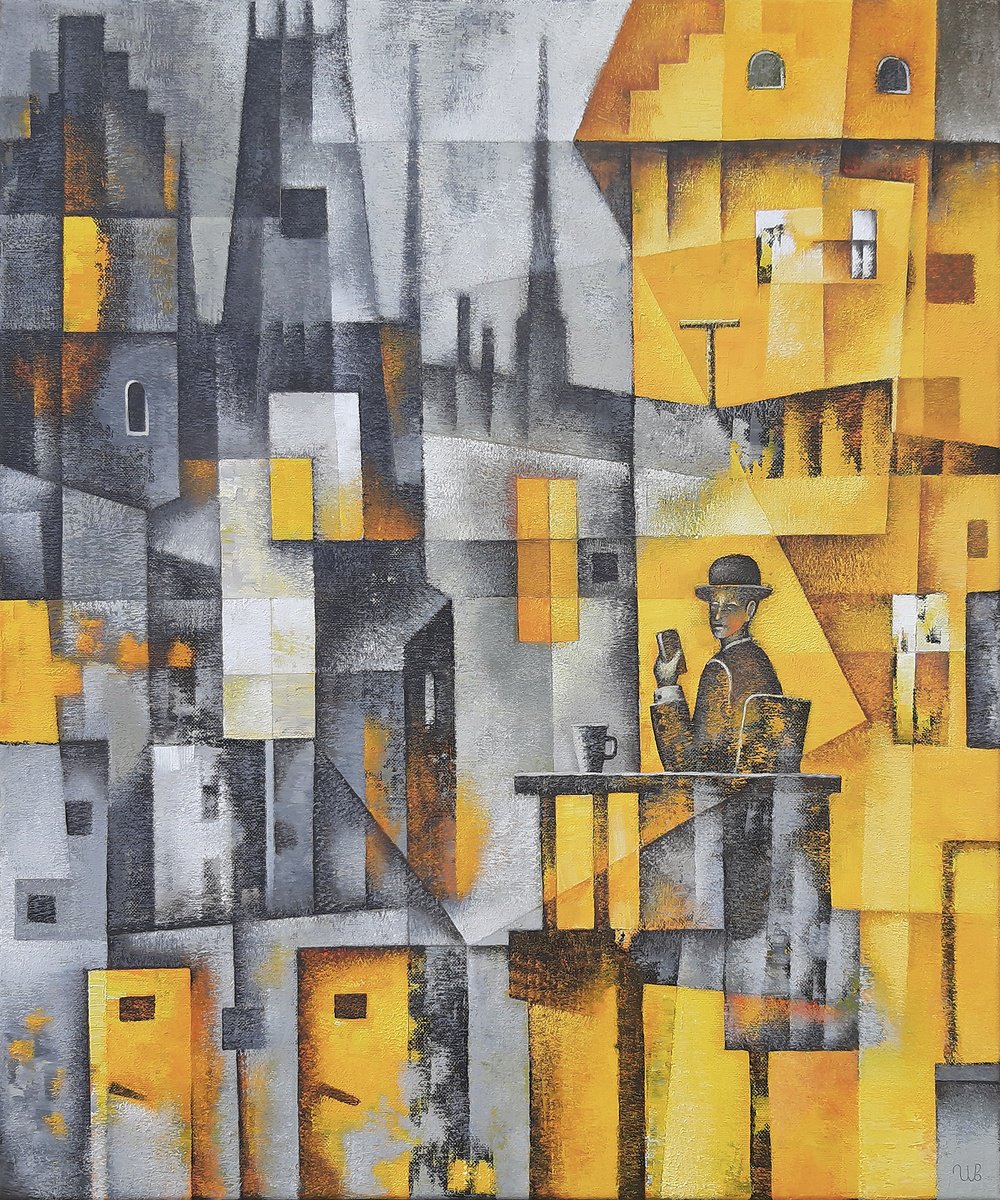 Geometric Cityscapes Oil Painting By Eugene Ivanov, 20 X 24, Tonight, Original Artwork